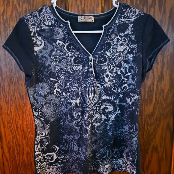 Y2K Edgy Navy Blue Design Top Sz M - Picture 4 of 7
